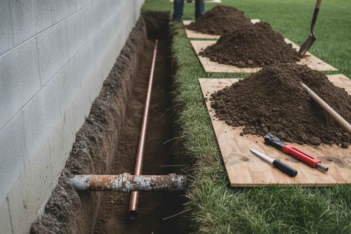 Excavated water line trench during Sewer Line Repair in Maple Rapids